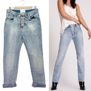 NWT One Teaspoon Truckers Jeans Size 26 Lace Up Mid Rise Straight Leg Light Wash